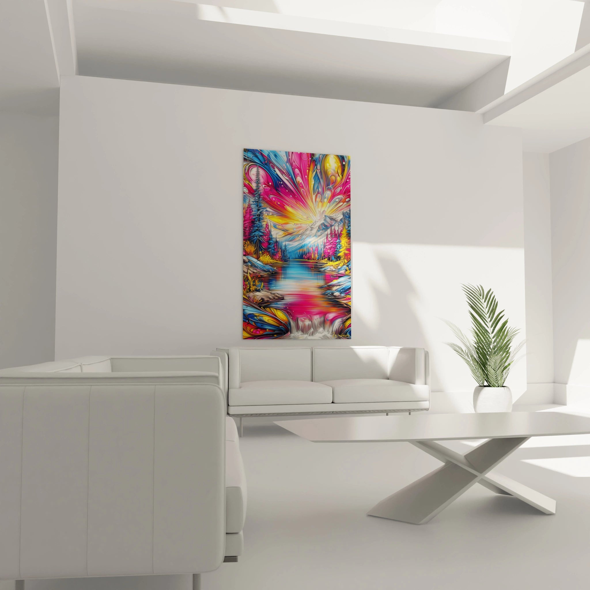 Gros plan tableau paysage fantastique révélant détails couleurs vives et textures artistiques