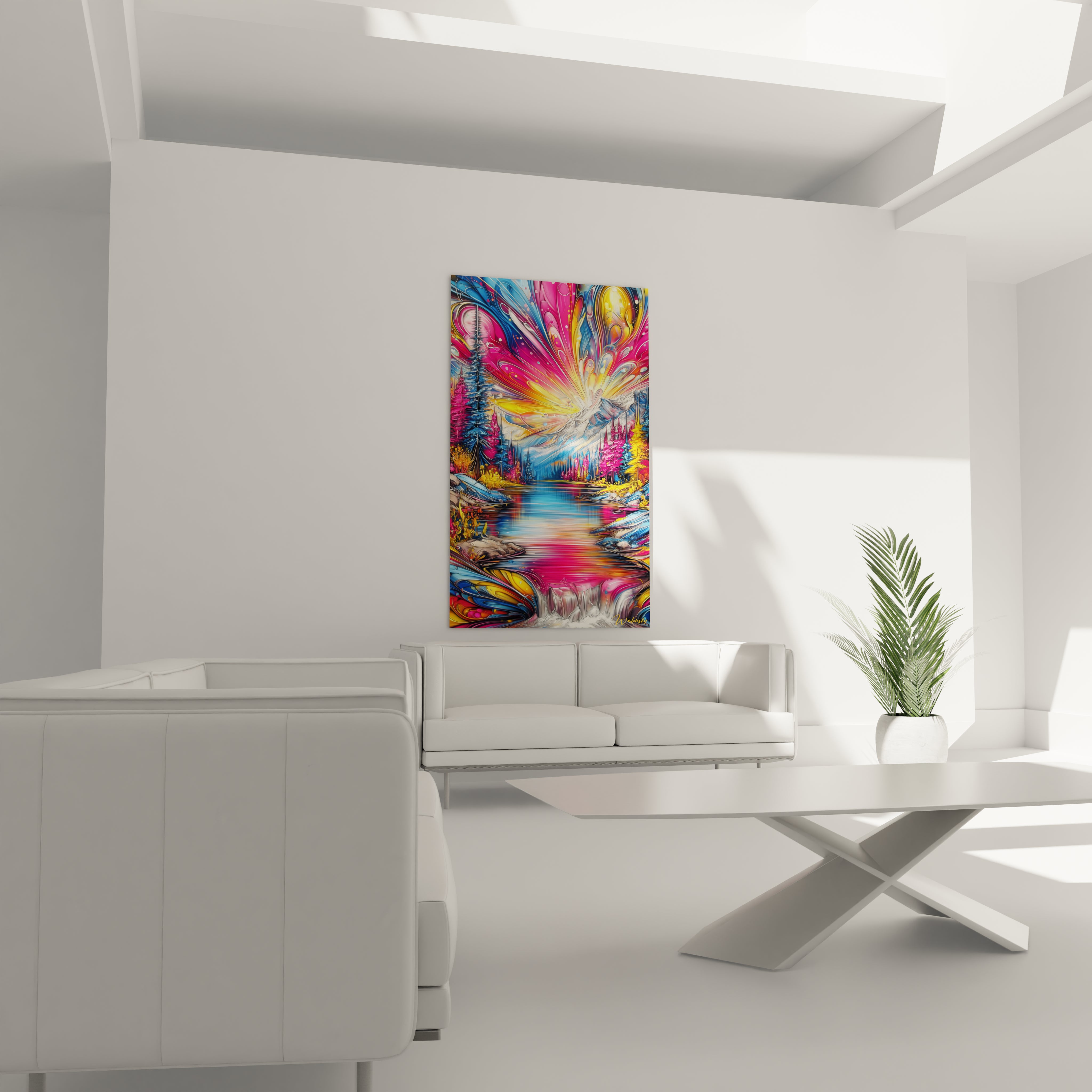 Gros plan tableau paysage fantastique révélant détails couleurs vives et textures artistiques
