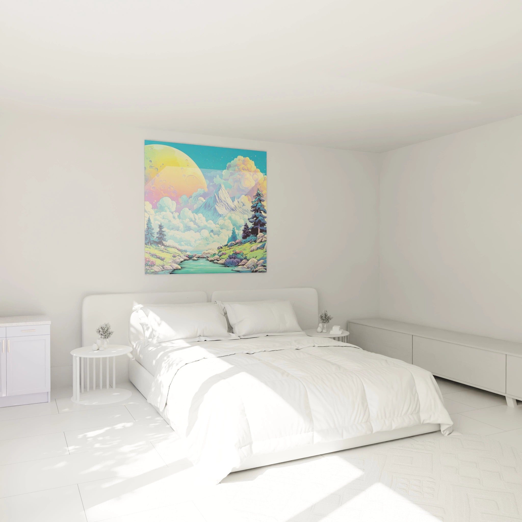Ambiance chambre avec tableau paysage fantastique coloré bande dessinée au mur