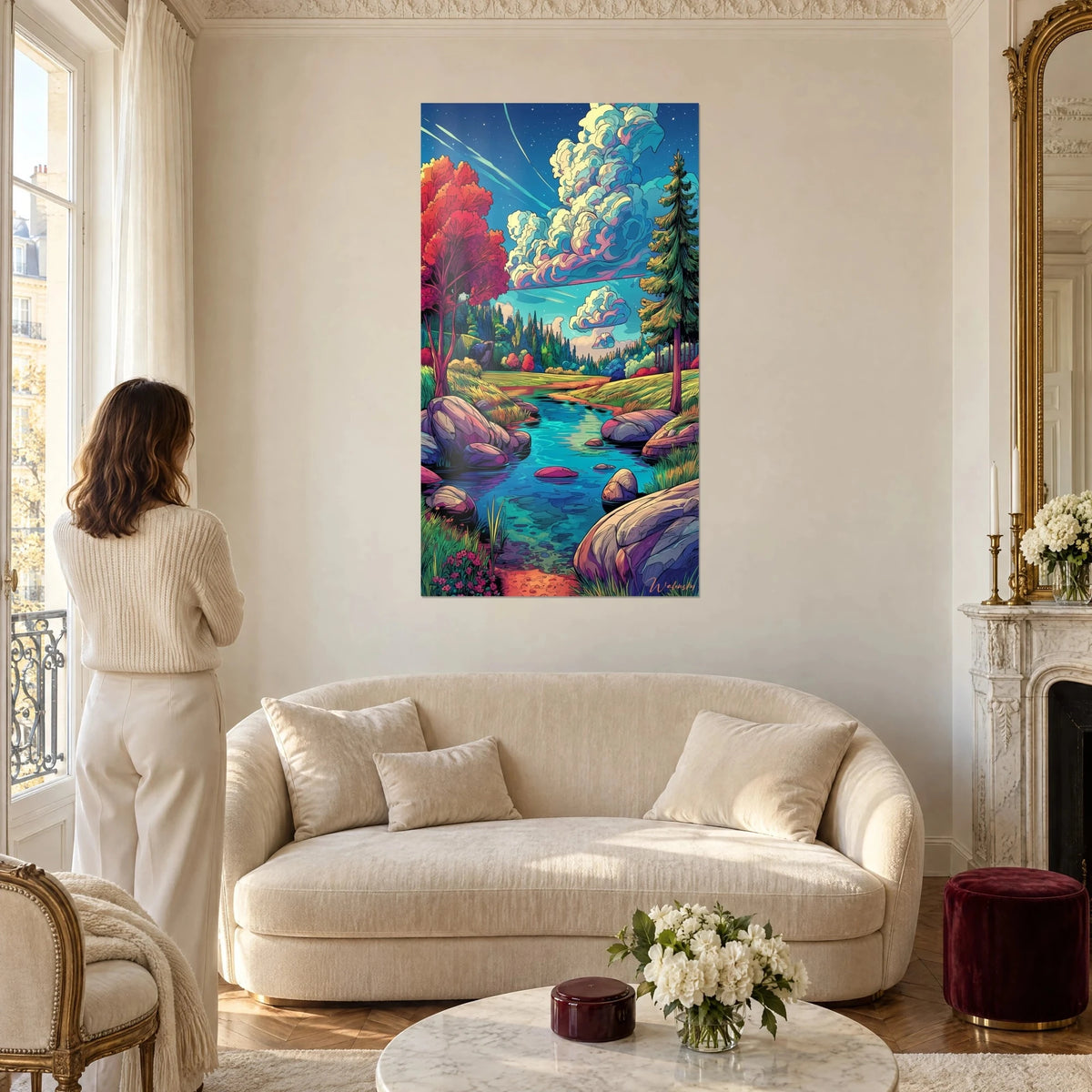 Cuadro de paisaje fantástico con árboles morados y nubes crema, río turquesa, encima de un sofá en un salón luminoso