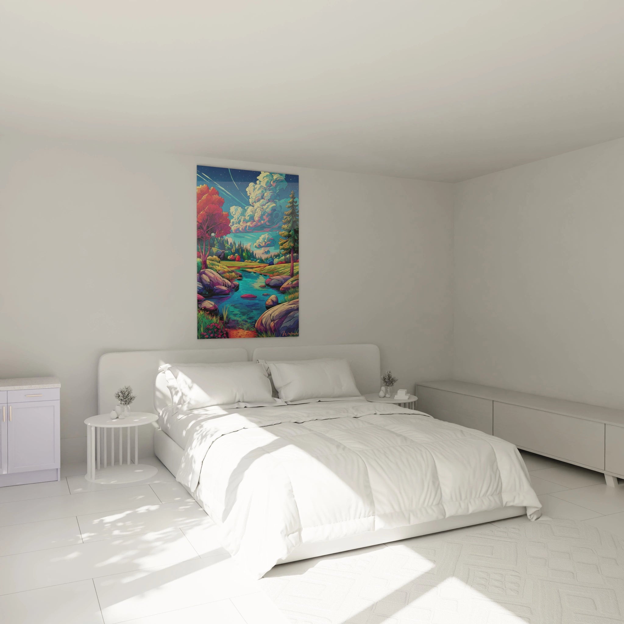 Ambiance chambre avec tableau décoratif paysage fantastique rivière colorée style BD au-dessus du lit
