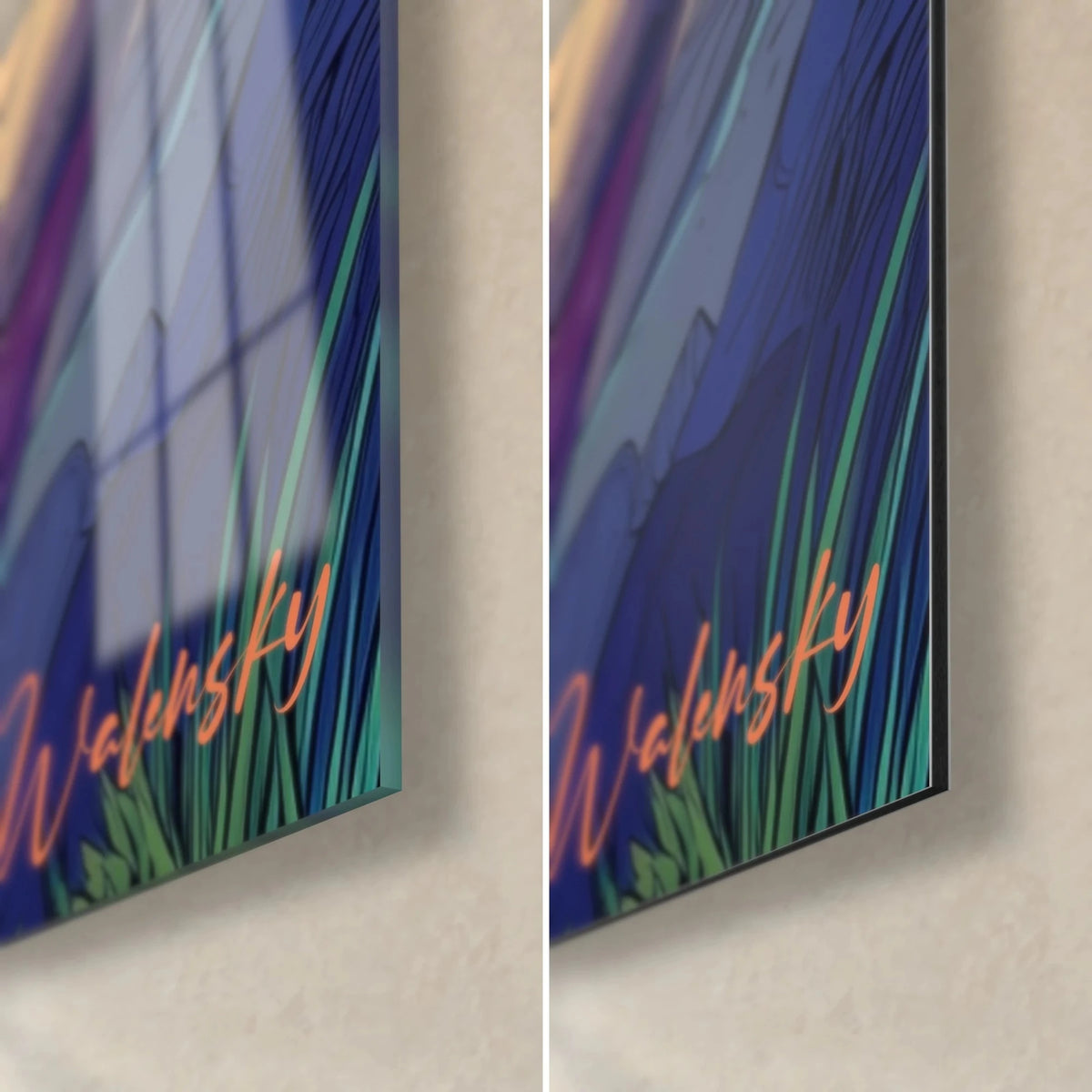 Cuadro de cascada colorida estilo cómic, hierba verde y firma naranja de Walensky, vidrio brillante y Dibond mate con canto de 3 mm