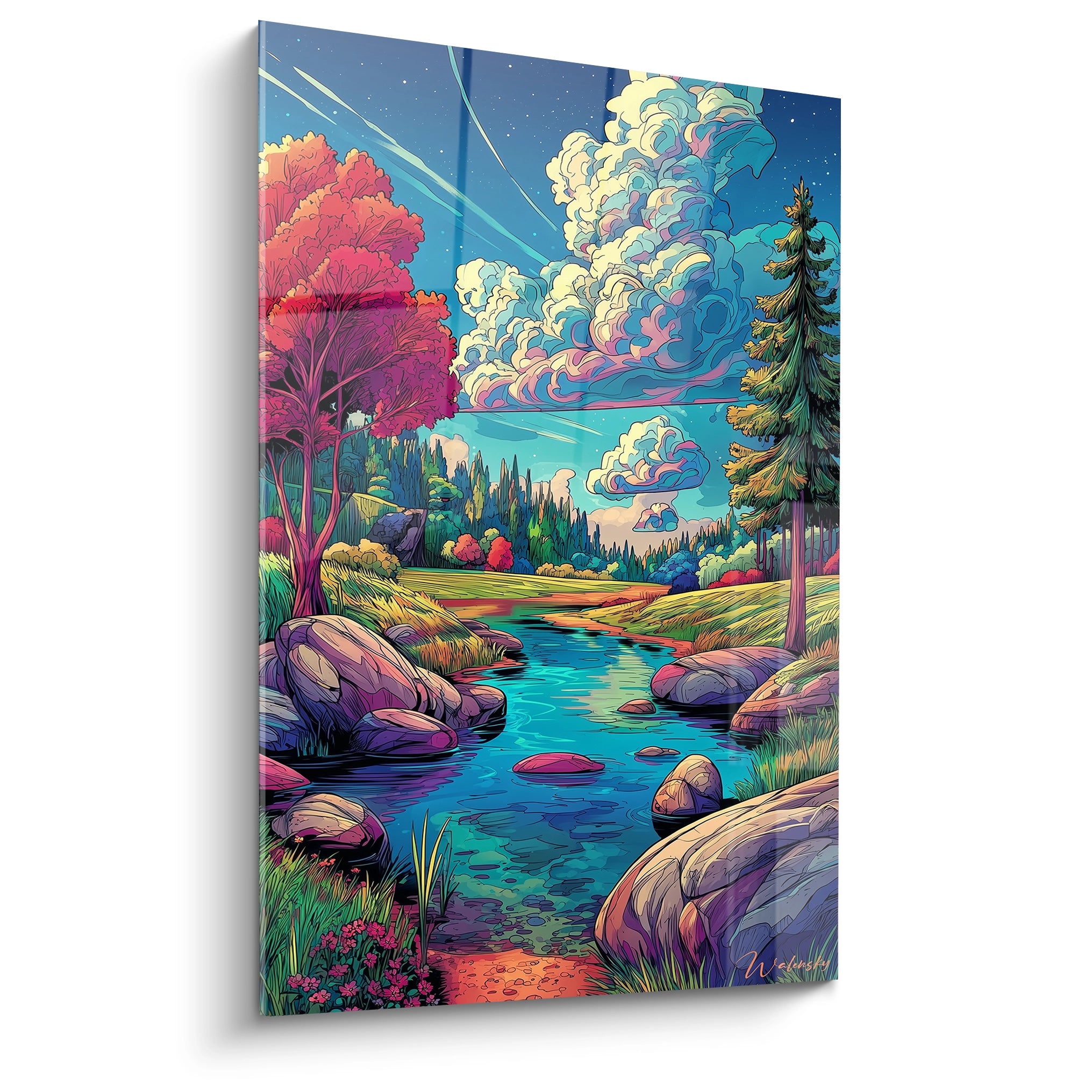 Tableau mural paysage fantastique avec rivière turquoise et arbres colorés style bande dessinée sur toile