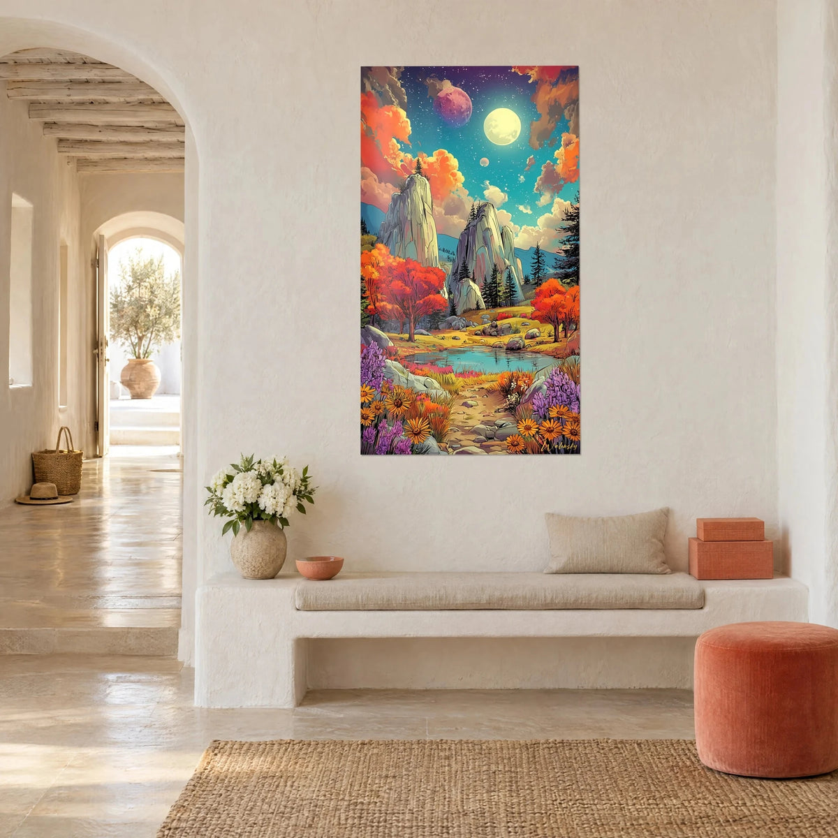 Tableau paysage de bande dessinée, pics rocheux gris et nuages orange sur ciel turquoise, vue de trois-quarts dans une maison méditerranéenne