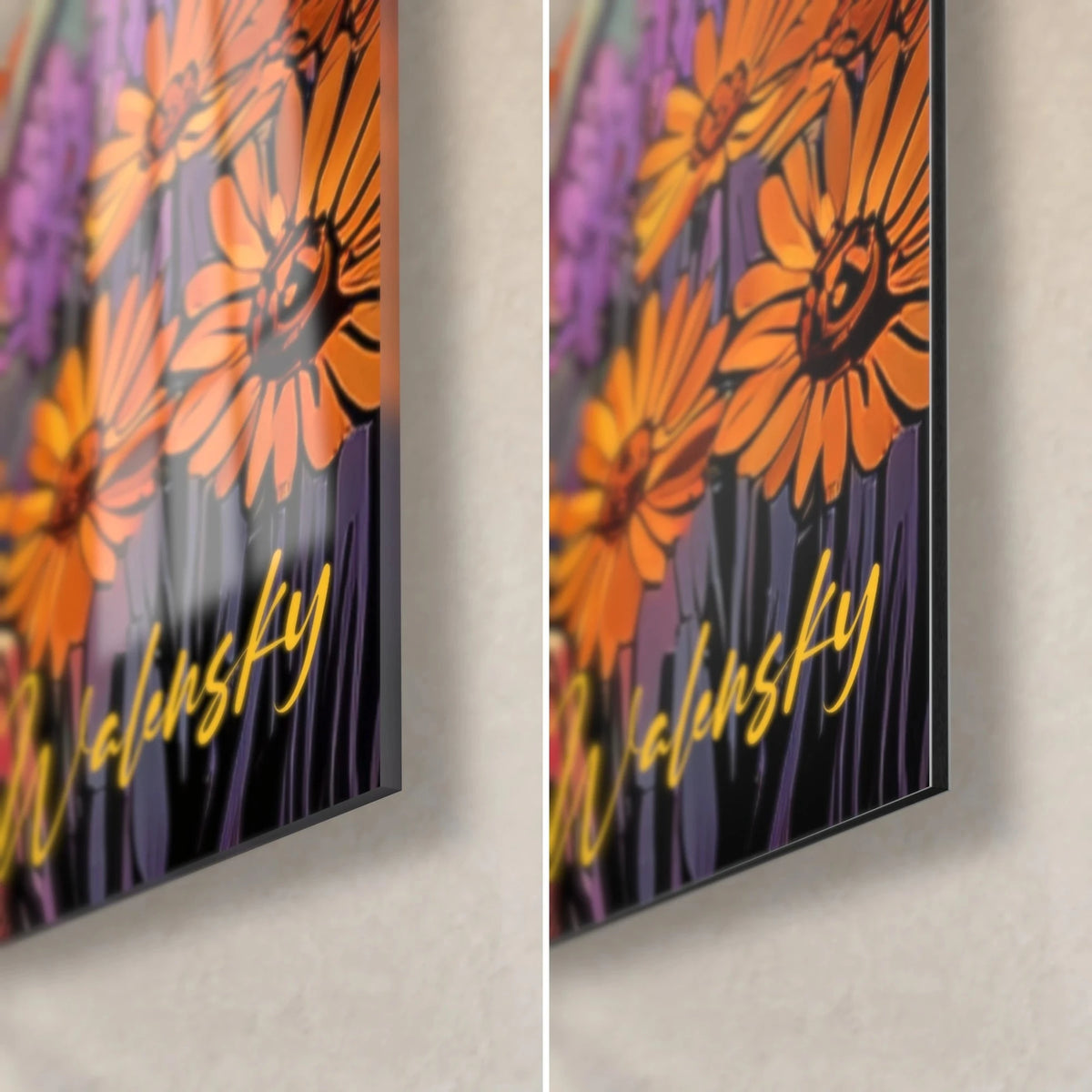 Tableau monde onirique aux marguerites orange sur fond violet, coin bas droit, verre acrylique brillant à gauche et Dibond mat à droite