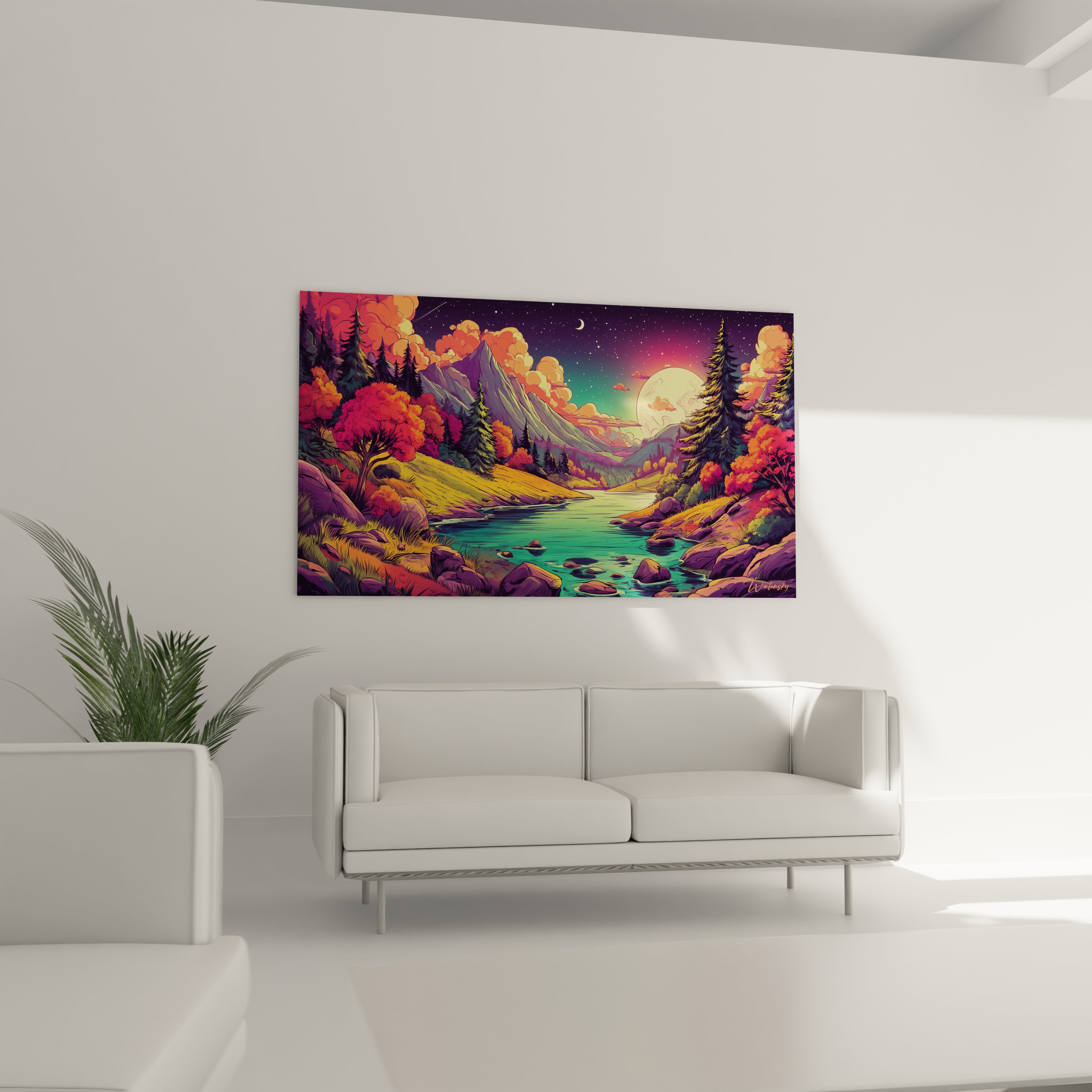 Détail tableau paysage fantastique BD rivière turquoise rochers colorés forêt automnale