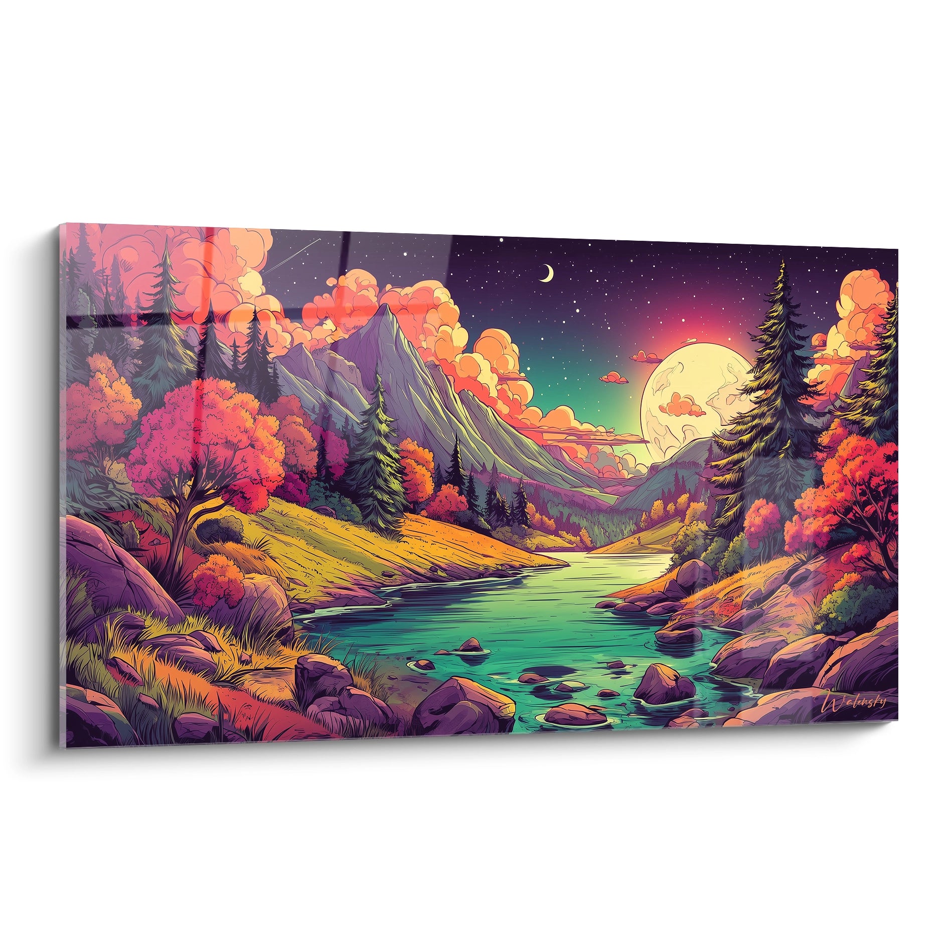 Tableau mural paysage fantastique vallée enchantée style bande dessiné avec rivière turquoise et montagnes colorées