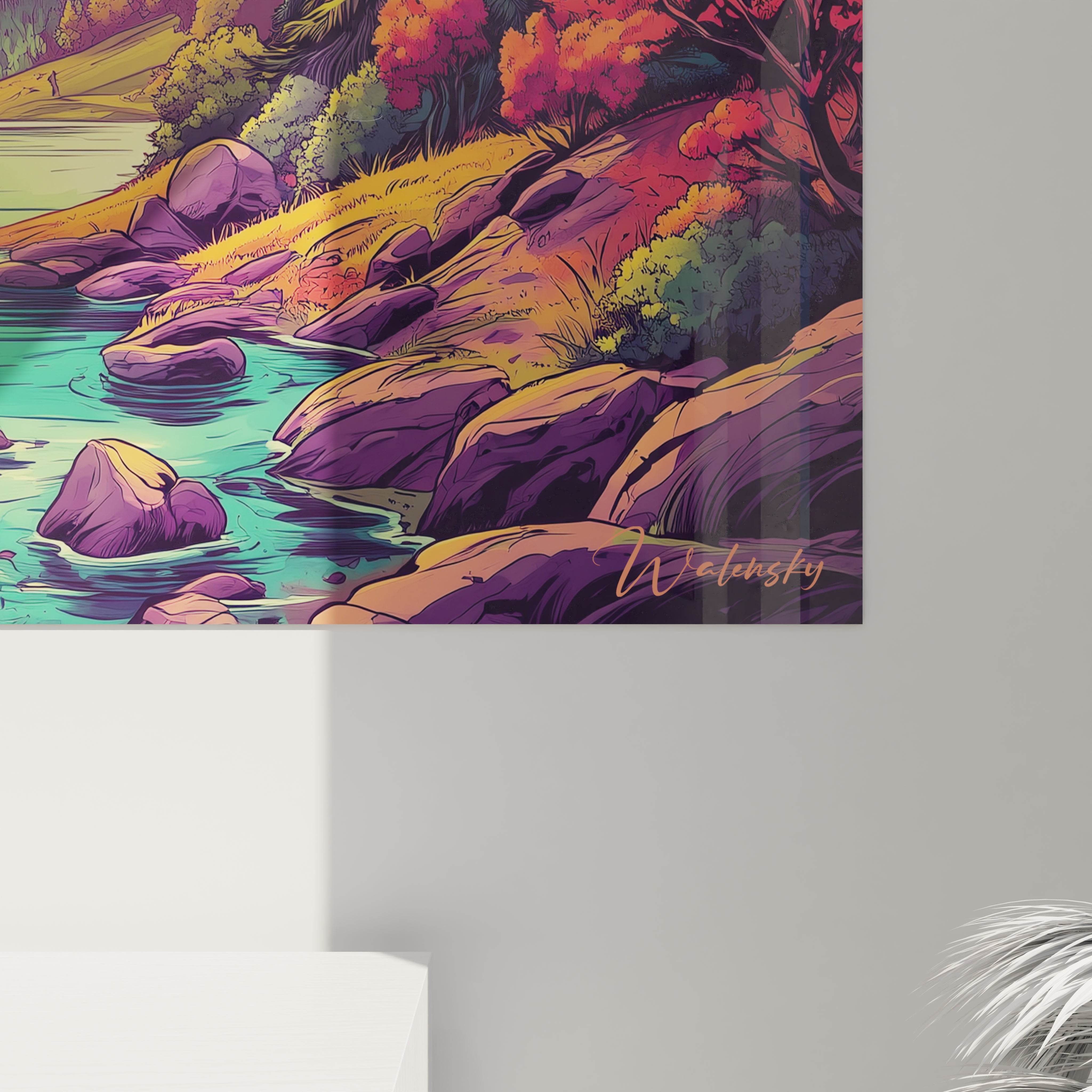 Vue ensemble tableau mural paysage fantastique vallée enchantée style cartoon décoration moderne