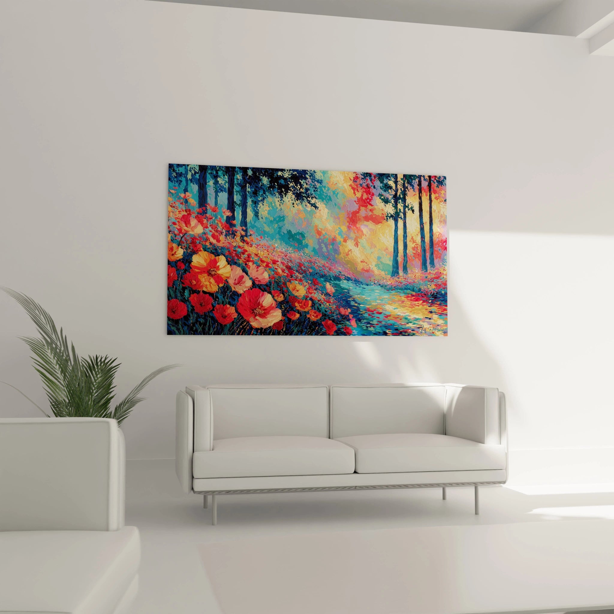 Walensky tableau paysage forestier pointillisme coloré avec fleurs rouges et chemin lumineux au mur