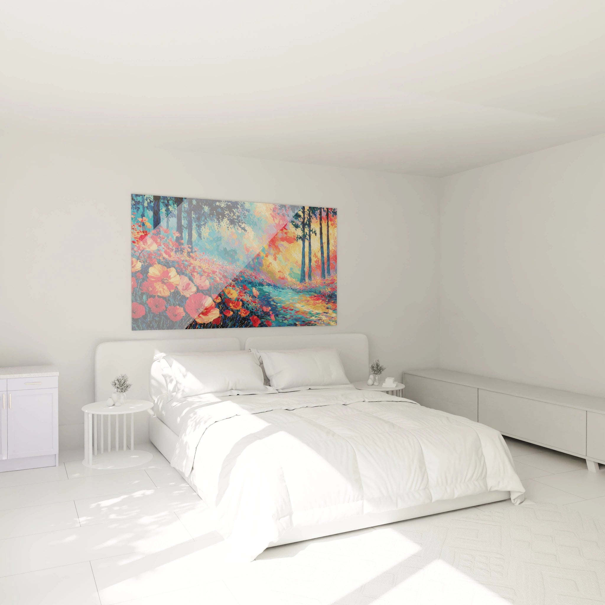 Tableau mural Walensky avec tableau paysage forestier pointillisme coloré accroché au dessus d un lit blanc minimaliste