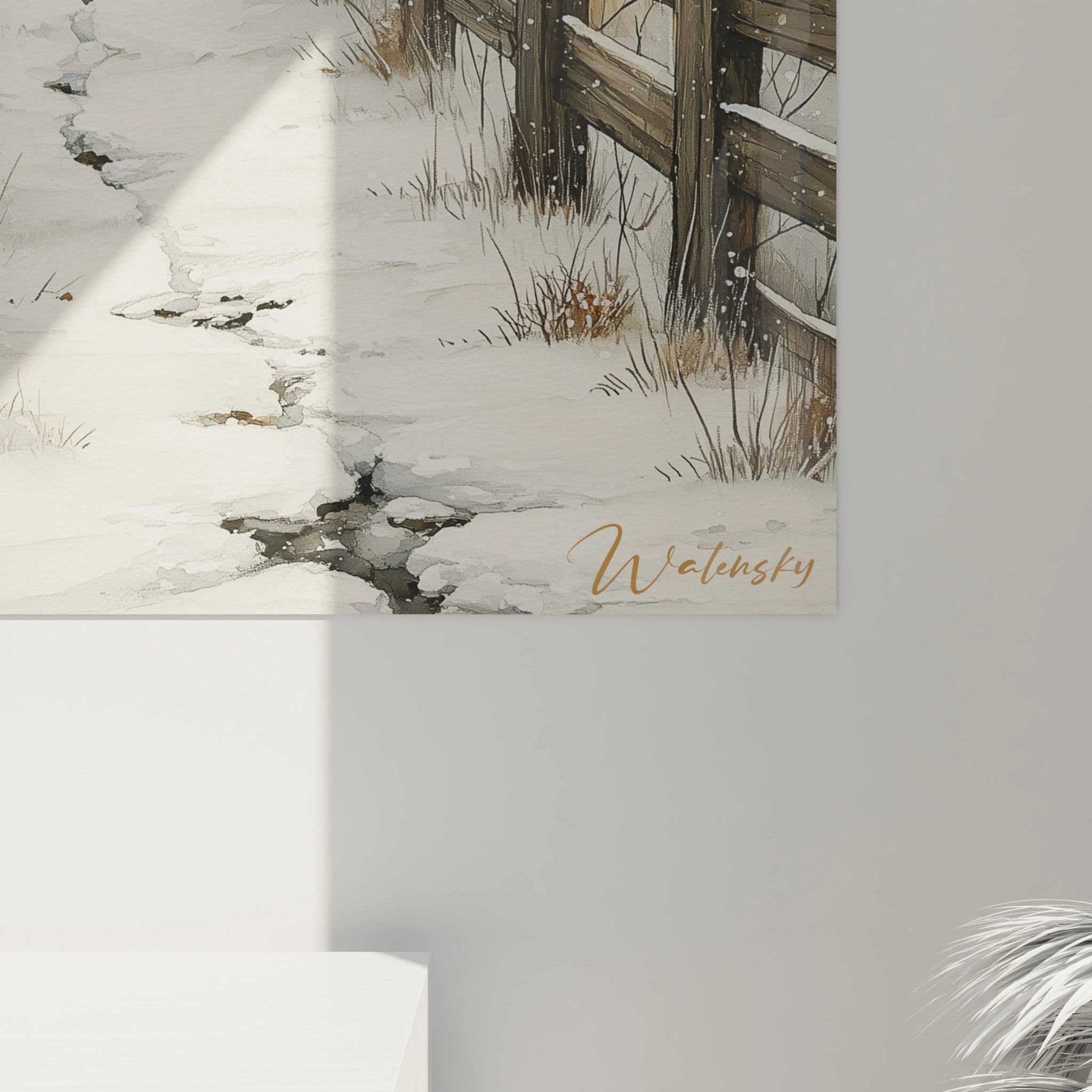 Tableau paysage hiver Walensky montrant coin d oeuvre mural avec neige cloture en bois petit ruisseau et herbes