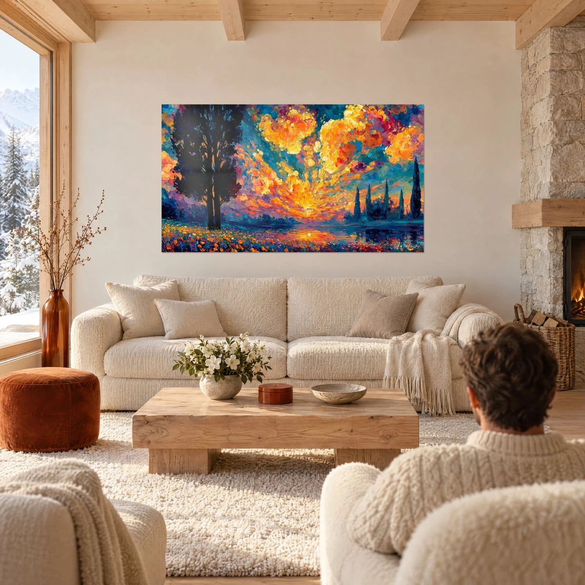 Tableau ciel embrasé en touches pointillistes orange et turquoise, cyprès sombres, homme de dos au-dessus d'un canapé dans un salon lumineux