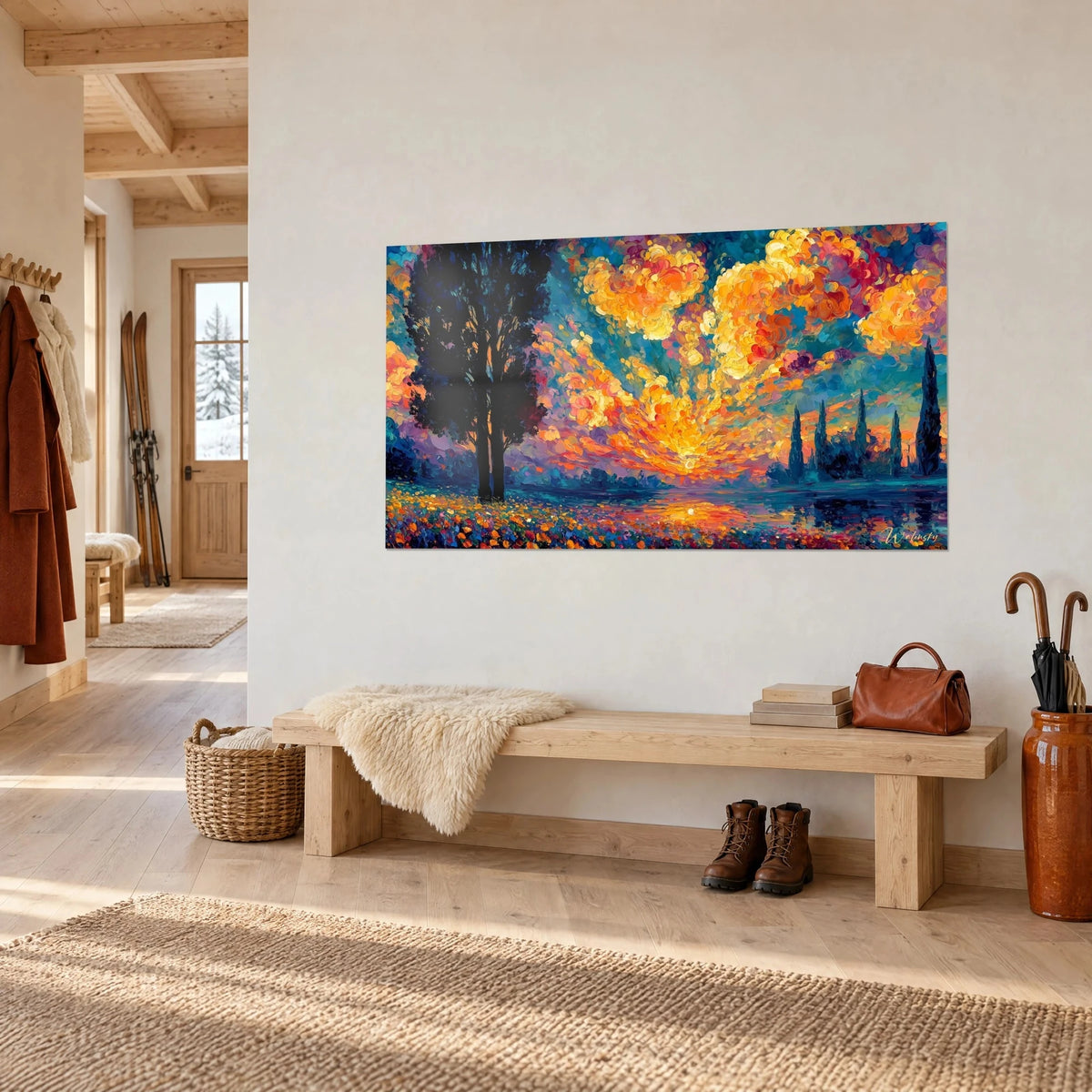 Tableau couchant en nuages dorés et rose vif, grand arbre bleu nuit à gauche, vu de trois-quarts au-dessus d'un banc de chalet