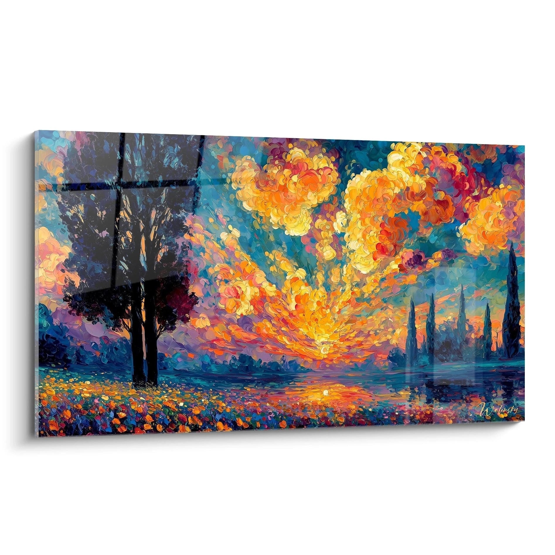 Tableau mural Walensky tableau paysage pointillisme doré représentant coucher de soleil coloré avec arbres et lac