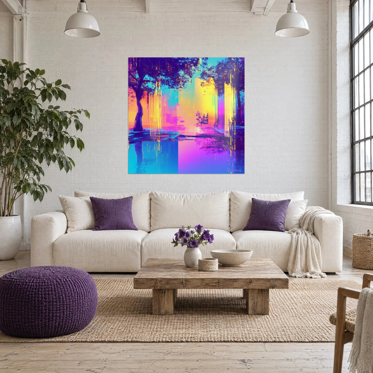 Cuadro de árboles glitch con regueros amarillo limón sobre un reflejo rosa y azul, encima de un sofá en un salón luminoso