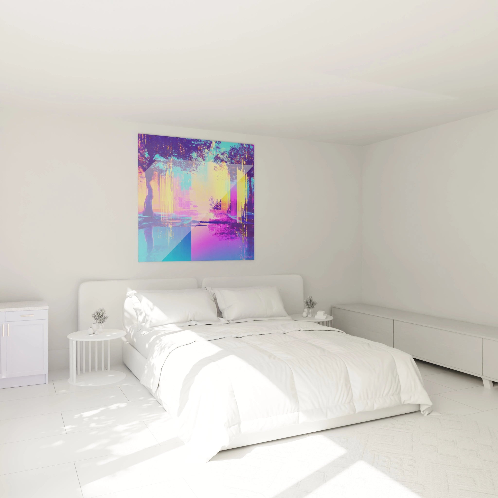 Tableau New York coloré Walensky accroché au-dessus d'un lit blanc dans une chambre minimaliste