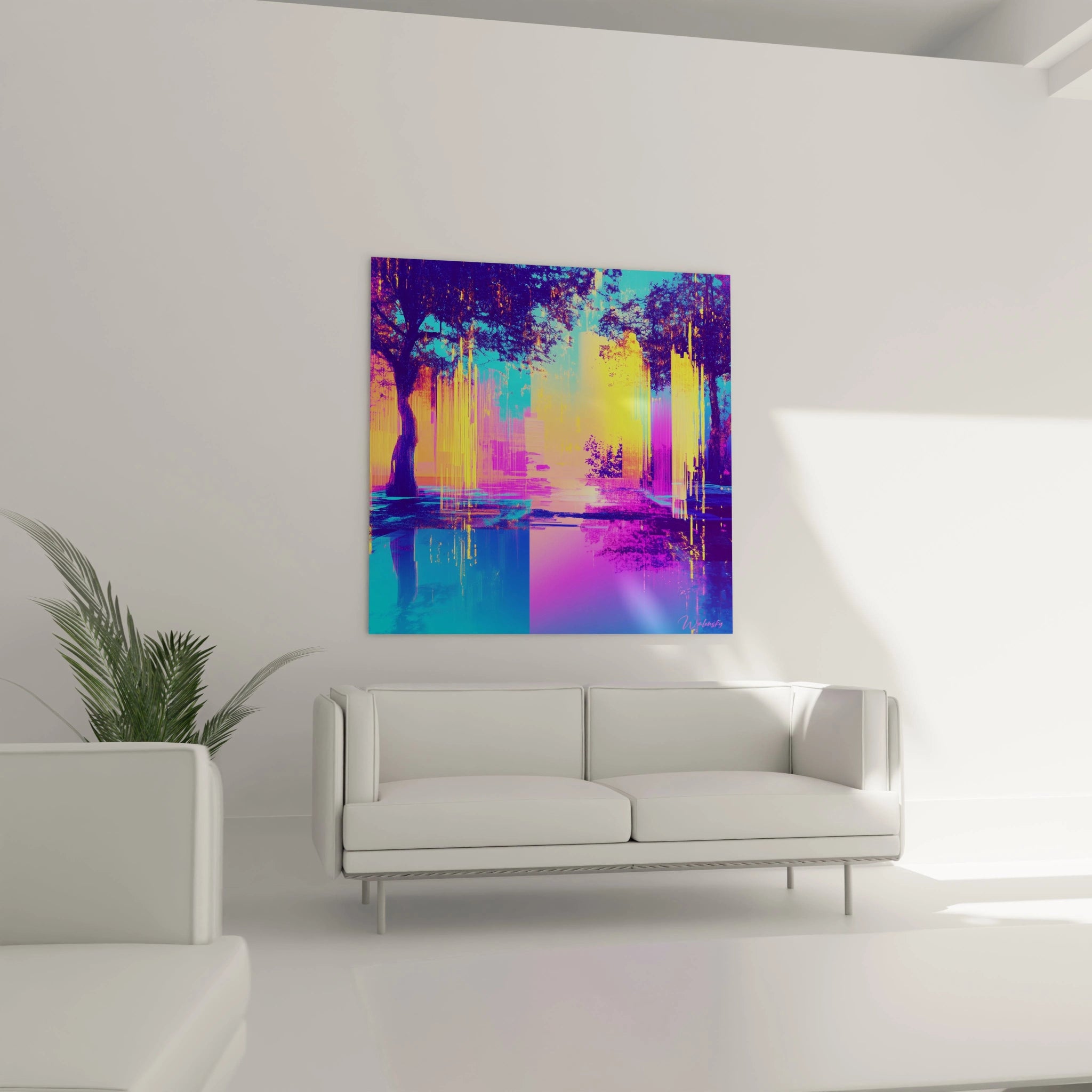 Tableau New York coloré abstrait accroché au mur d'un salon moderne avec canapé blanc