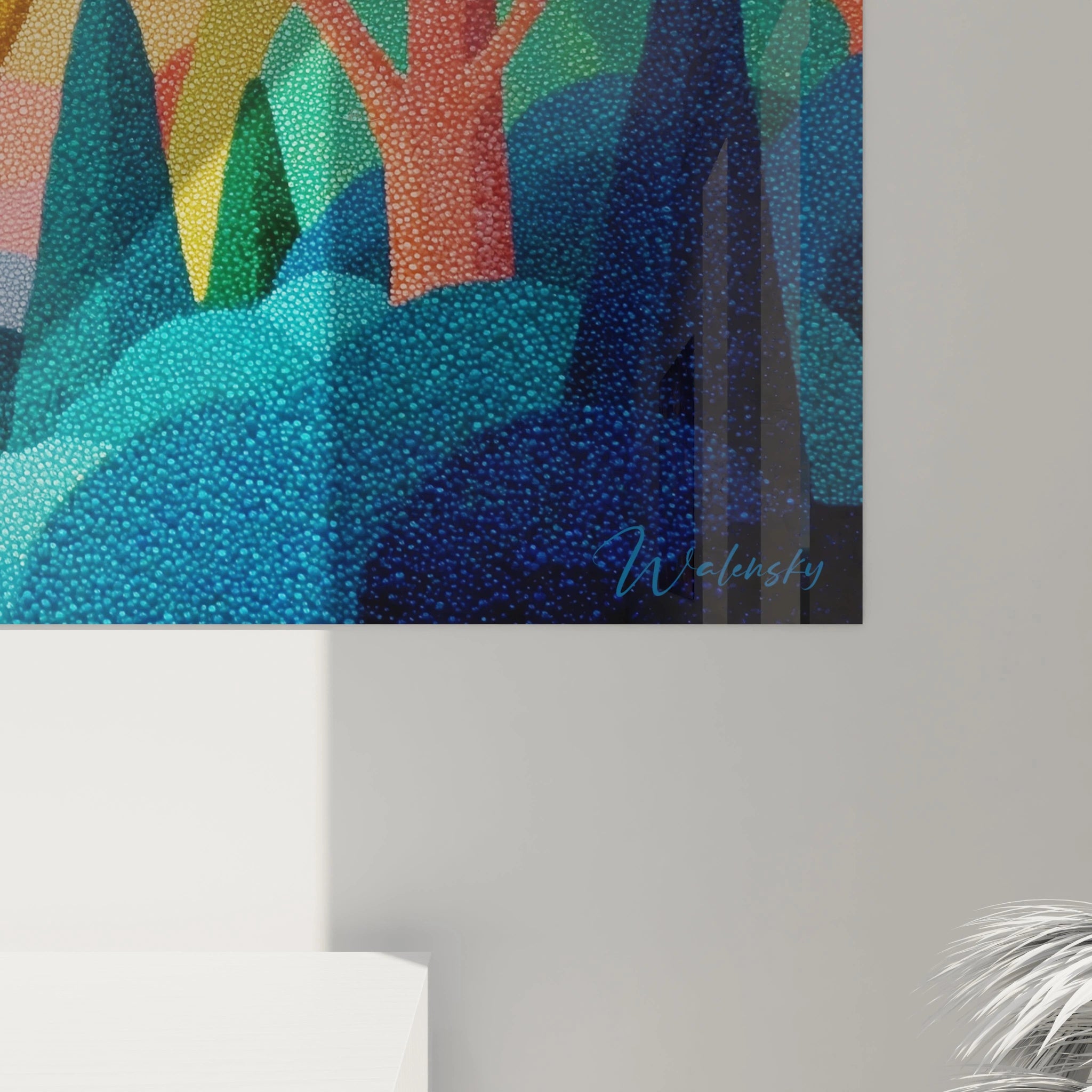 Tableau mural Walensky peinture abstraite or et bleu texturée végétale, tableau pointillisme paysage végétal pour salon