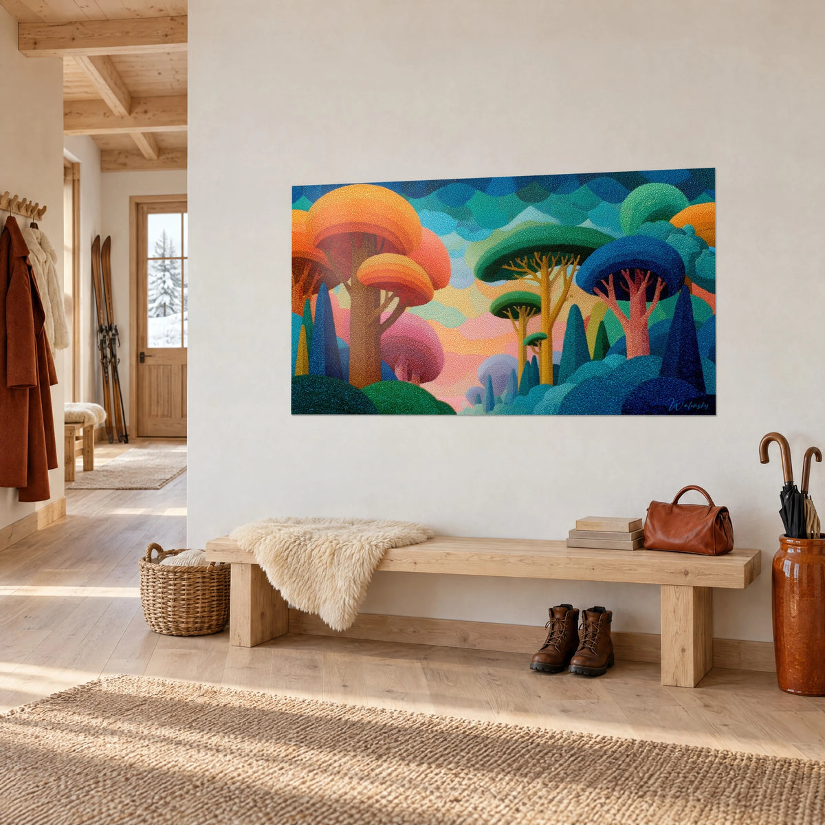 Wall art umbrella trees with turquoise and saffron canopies, peach pink sky, on the white wall of a chalet entrance