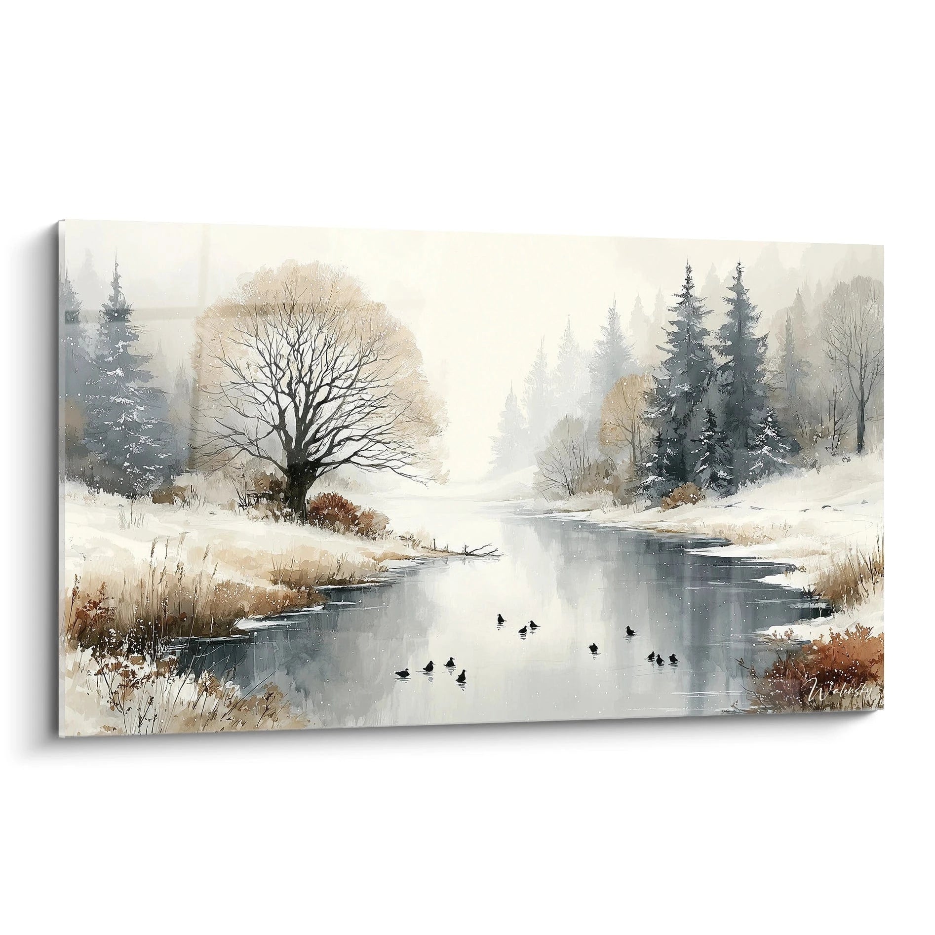 tableau paysage hivernal Walensky tableau mural toile riviere enneigee coniferes arbres nus et canards