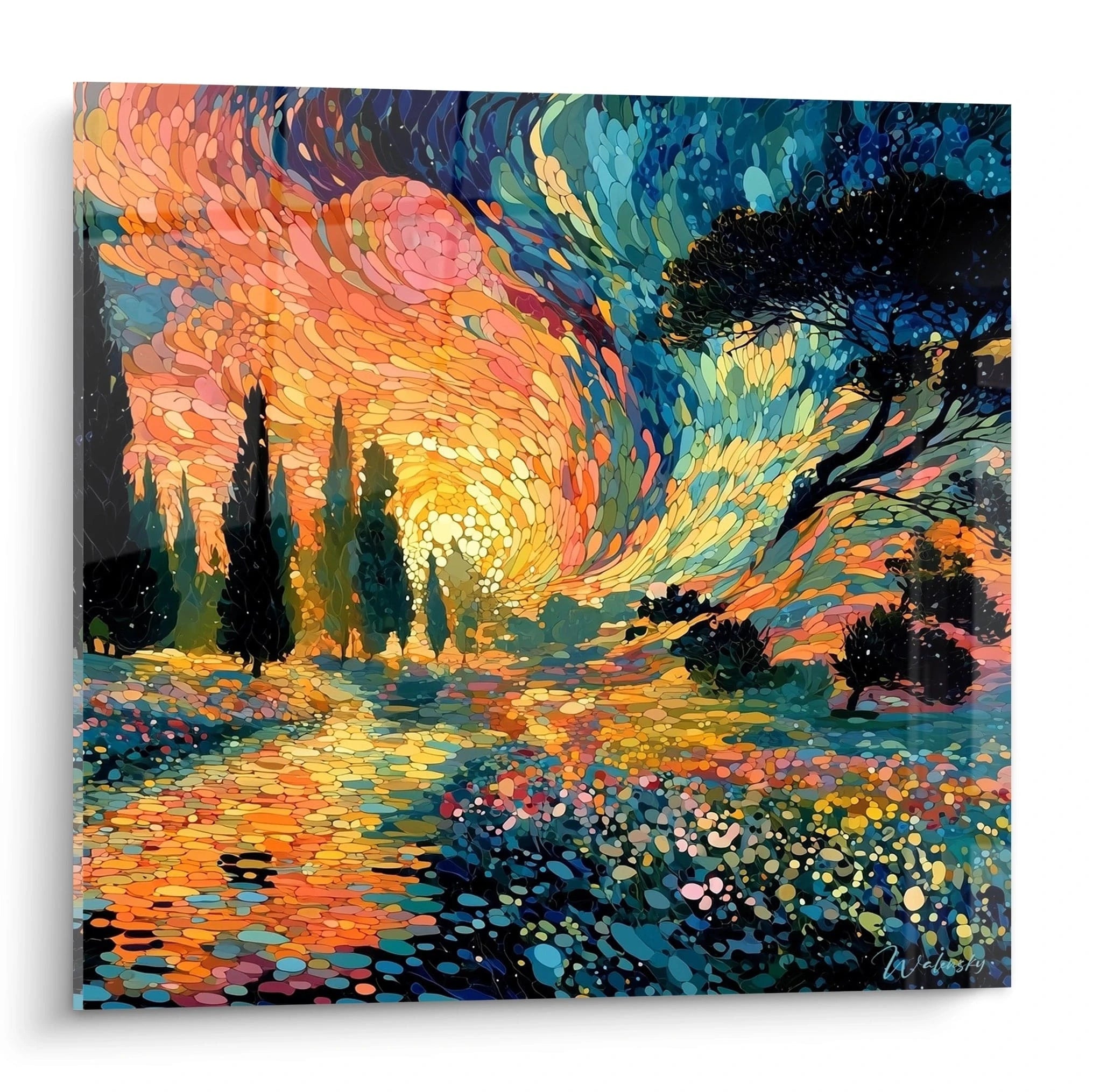 Walensky tableau paysage pointillisme coloré de coucher de soleil avec cyprès rivière et fleurs tourbillonnantes