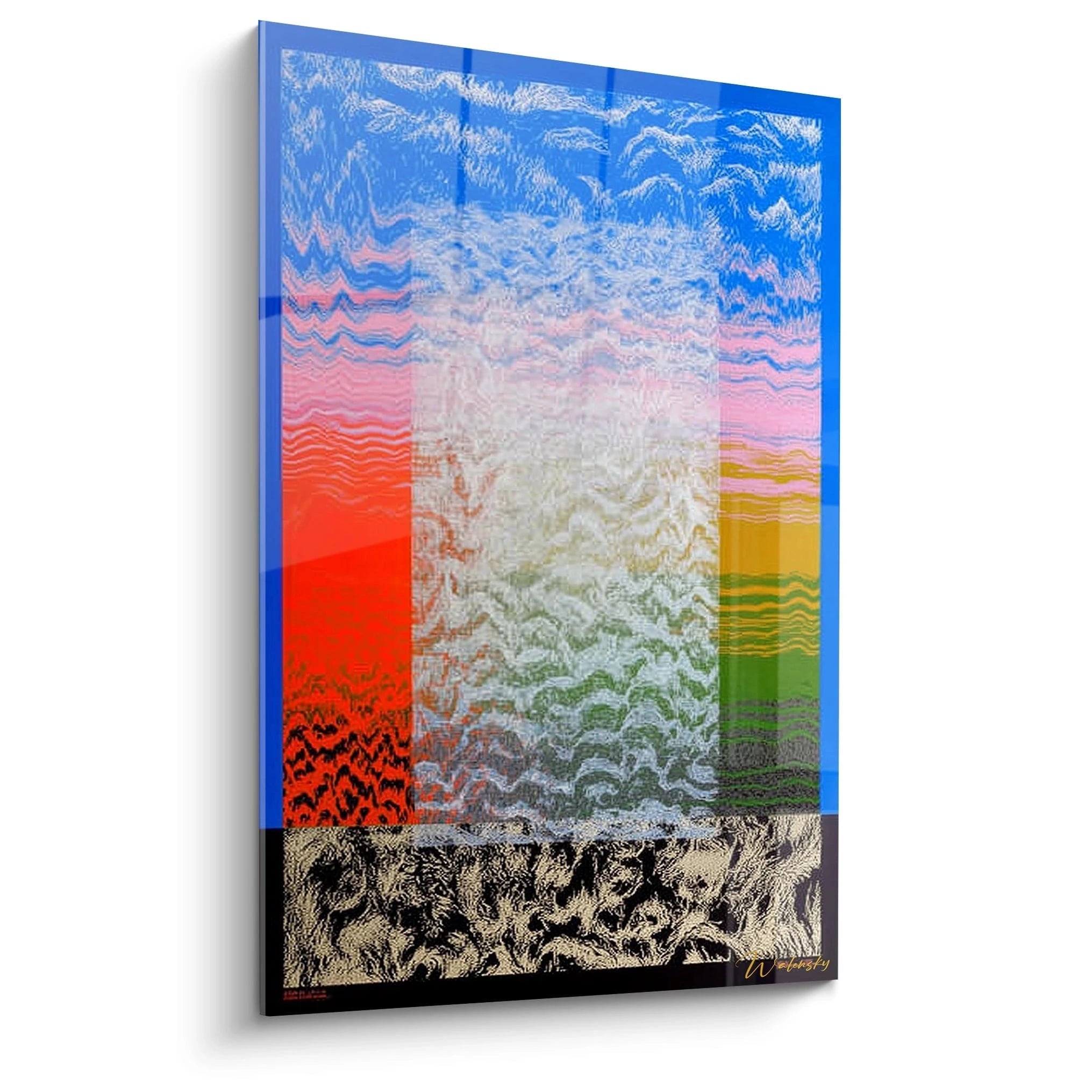 Walensky tableau op art paysage mural coloré avec blocs verticaux bleu rouge jaune et bande noire texturée