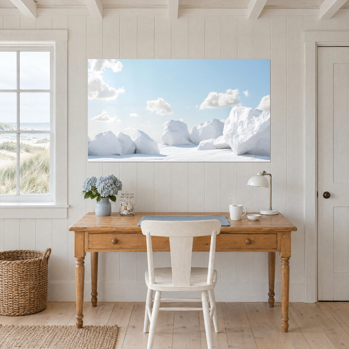 Quadro di iceberg gessoso dai bordi taglienti, nuvole bianche e soffici su cielo azzurro ghiacciaio, sopra una scrivania