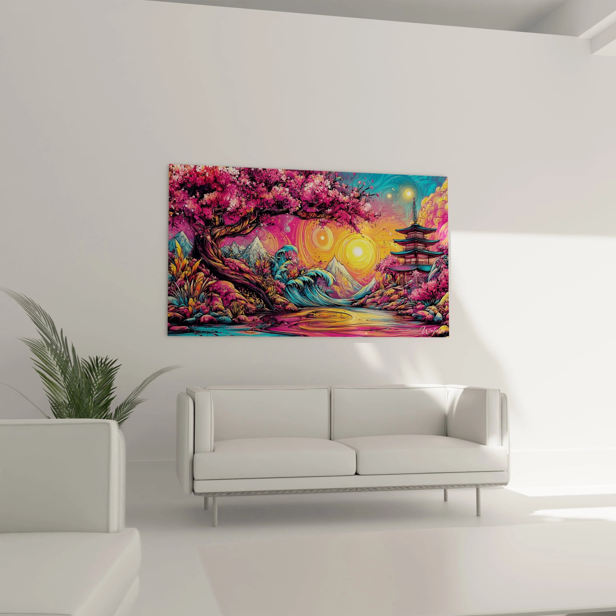 Détail tableau cerisiers japonais fleurs roses branches temple couleurs psychédéliques art mural