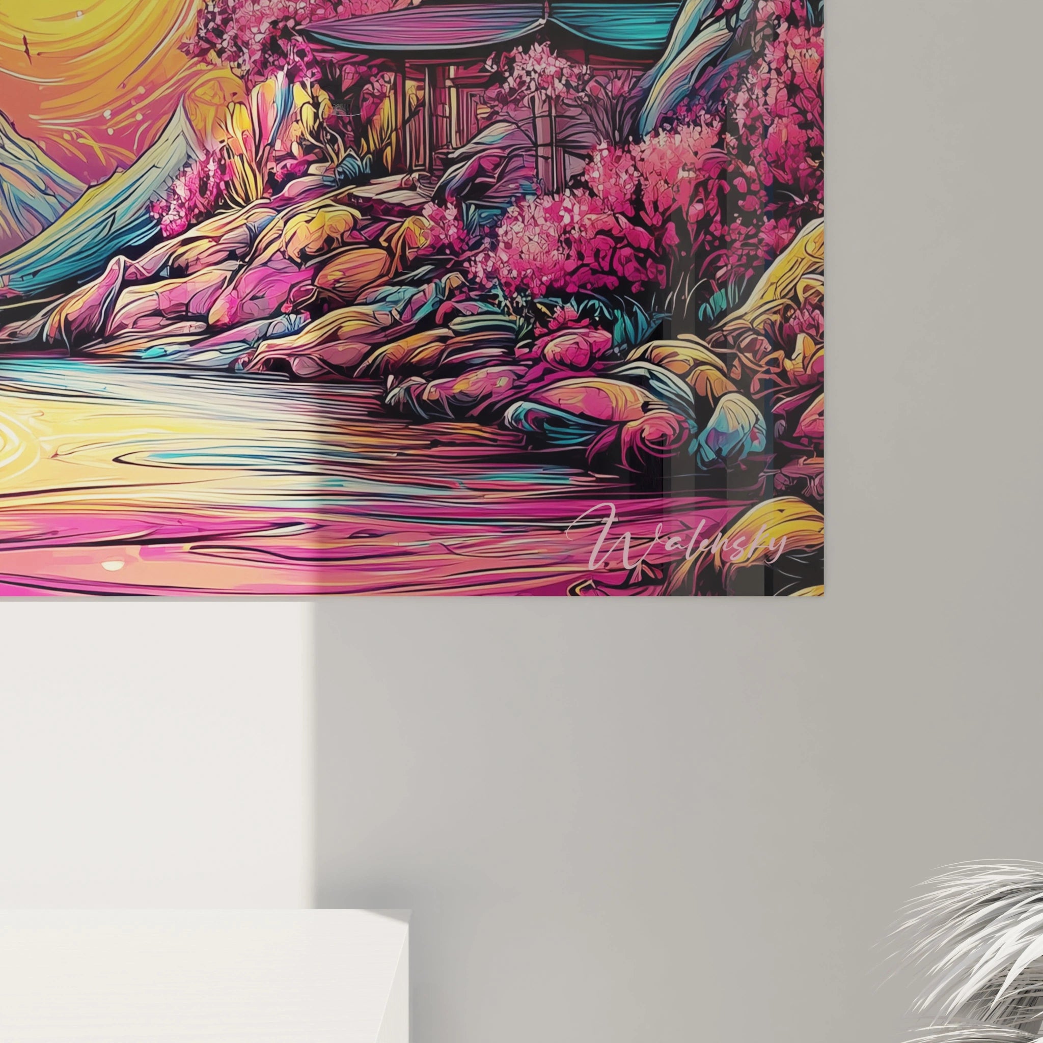Vue ensemble tableau paysage japonais cerisiers temple montagne soleil couleurs vibrantes déco murale
