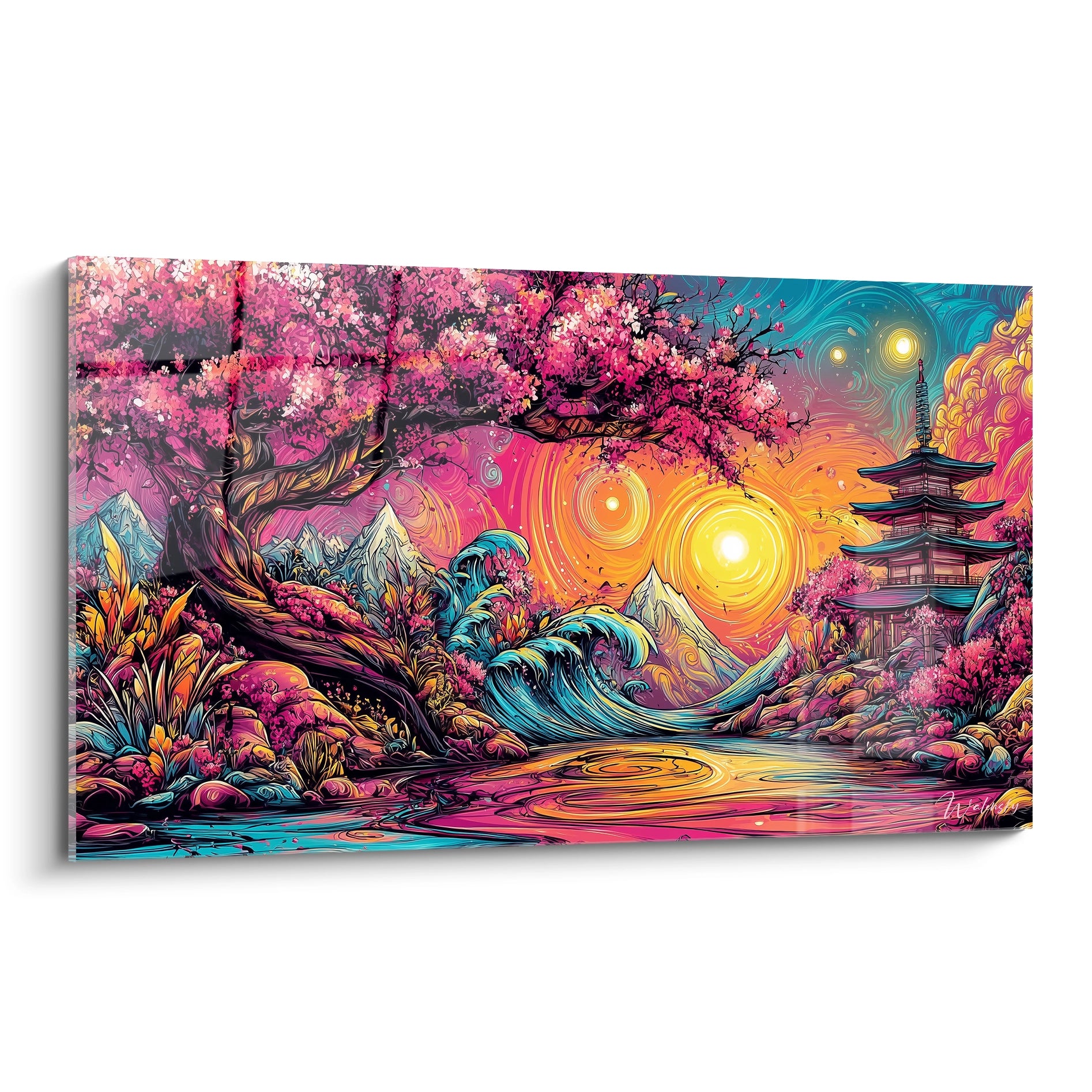 Tableau mural paysage japonais cerisiers roses temple traditionnel style psychédélique couleurs vives