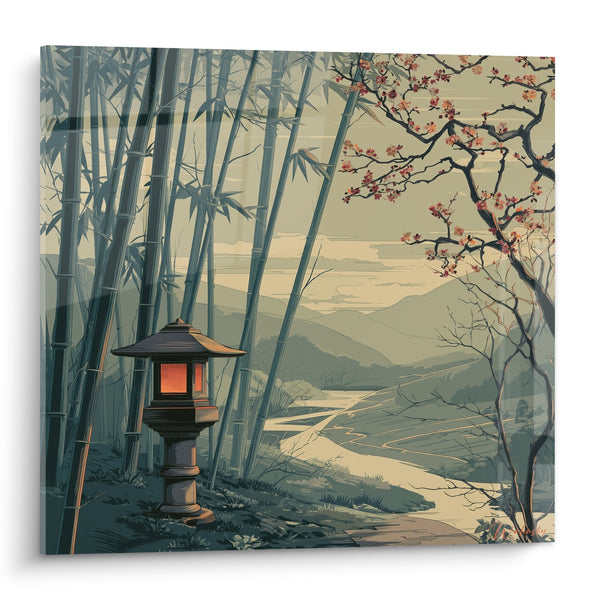 Japanse Landschapstabelau met Goudtinten, Lantaarns en Bamboe - Oosterse Sereniteit - Editie Lantaarn
