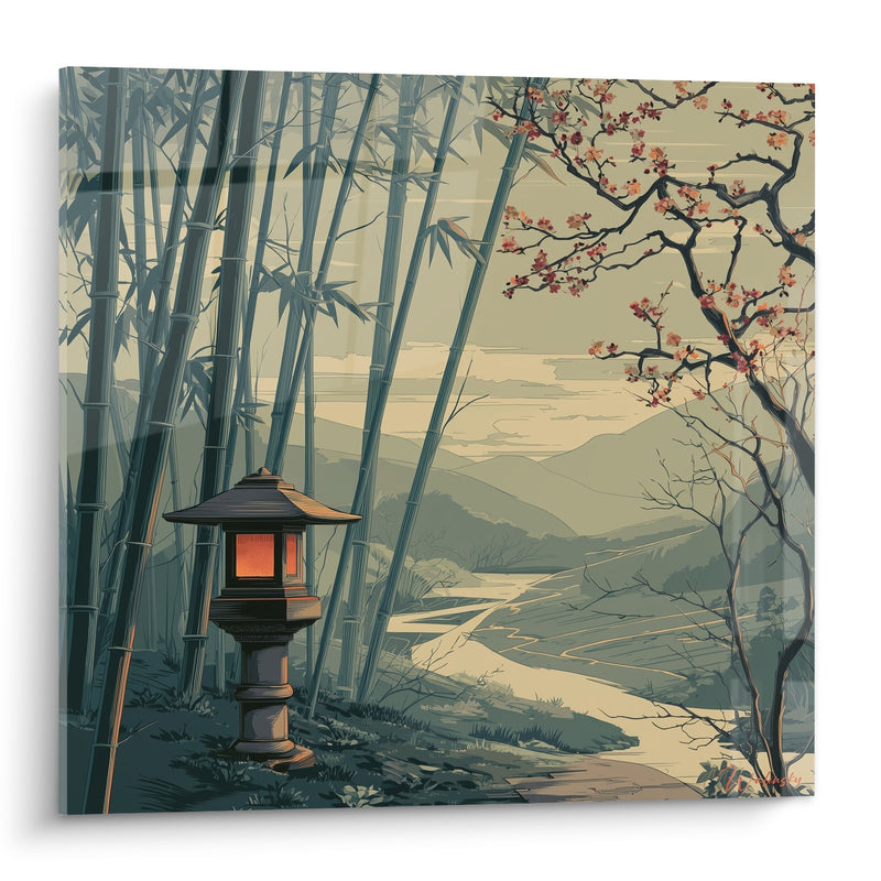 Tableau Paysage Japonais aux Tons Dorés avec Lanternes et Bambous - Sérénité Orientale - Edition Lanterne