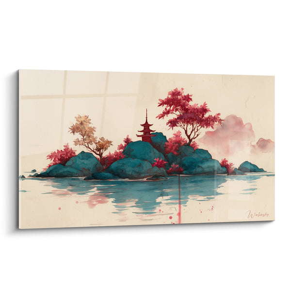 Japanse Landschapstabelau met Herfstkleuren en Waterreflecties - Oosterse Serene - Pagode Editie