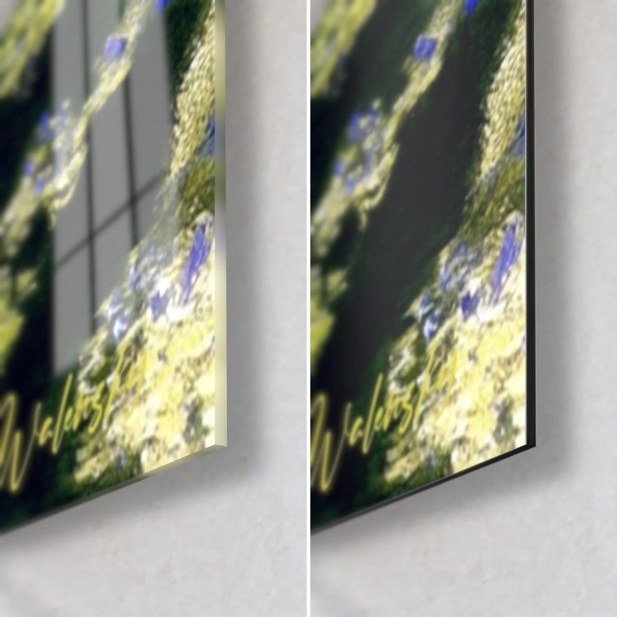 Schilderij sterrentuin, rechtsonder: blauwe bloemen en lichtgele accenten, glanzend glas links, mat zwart Dibond rechts