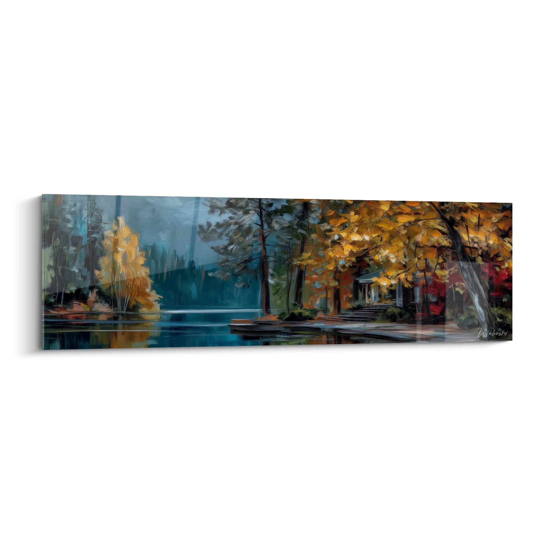 Tableau paysage lac automne avec reflets dorés et feuillages colorés, œuvre d'art forestière murale