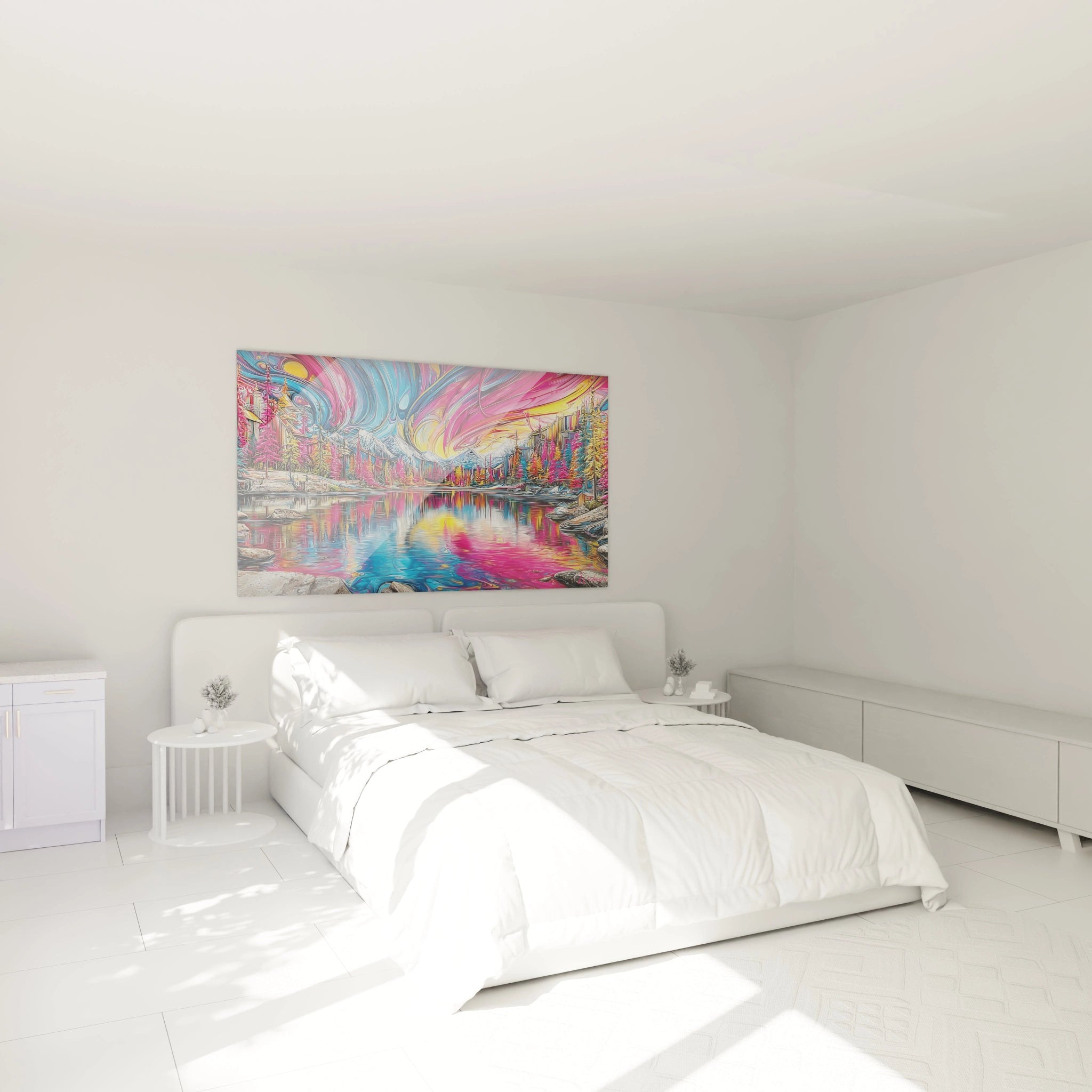 Ambiance chambre avec tableau paysage lac coloré psychédélique décorant mur moderne