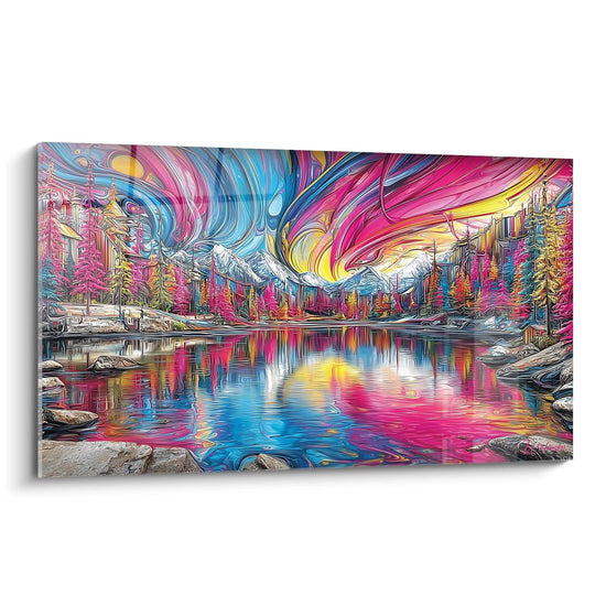 Lake mountain landscape painting - Psychedelic reflections - color gone wild edition