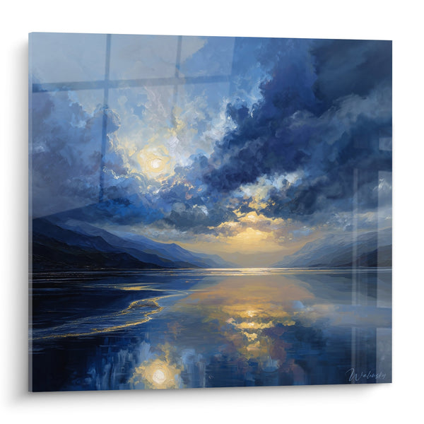 Tableau Paysage Lacustre aux Nuages Dorés et Reflets Bleus - Sérénité des Eaux - Edition Feng shui Nord Eau