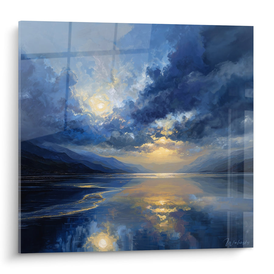 Tableau Paysage Lacustre aux Nuages Dorés et Reflets Bleus - Sérénité des Eaux - Edition Feng shui Nord Eau