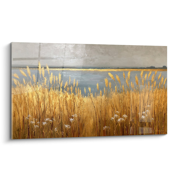 Golden and Blue Tones Lacustrine Landscape Painting - Rural Serenity - Grasses Edition