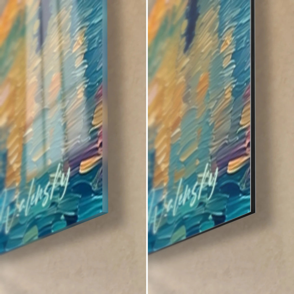 Tableau reflets d'étang en pointillés bleu turquoise et orangé, coin bas droit : verre acrylique brillant à gauche, alu Dibond mat à droite