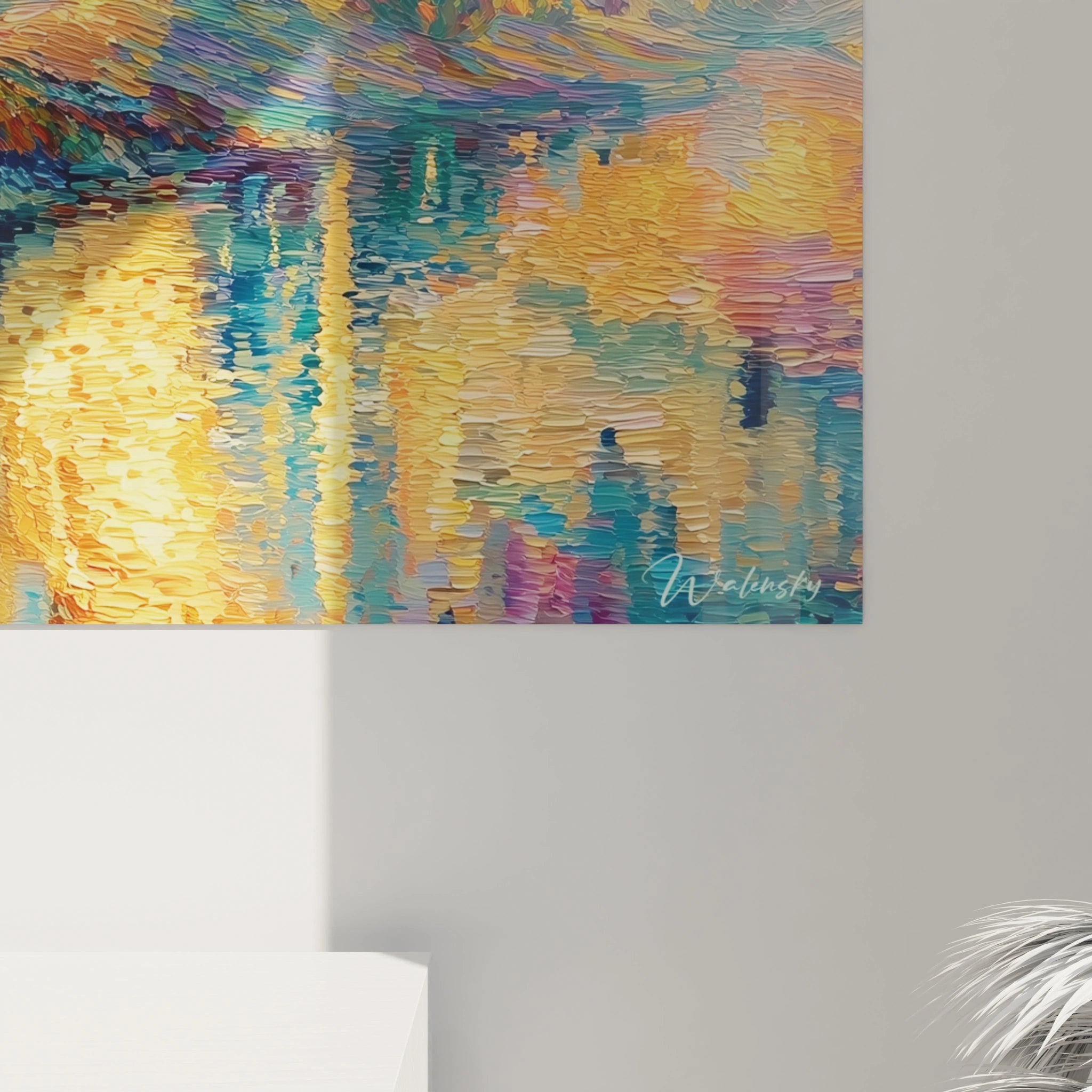 tableau pointillisme paysage lacustre Walensky toile murale colorée reflets sur la surface de l eau abstrait en jaune et bleu