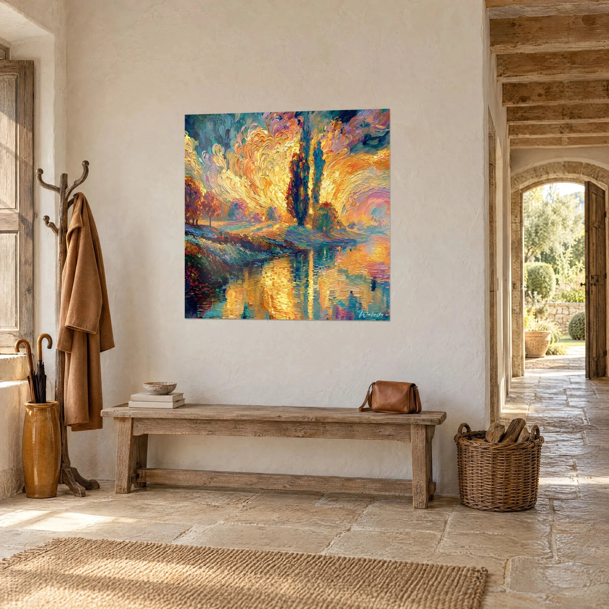 Tableau berge fleurie au bord d'un étang miroir, ciel orange safran et turquoise en touches épaisses, dans une entrée en pierre ancienne