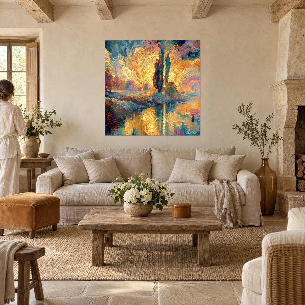 Tableau peuplier sombre dressé dans un ciel de coups de brosse jaune d'or et mauve, reflets sur l'eau, au-dessus d'un canapé dans un salon lumineux