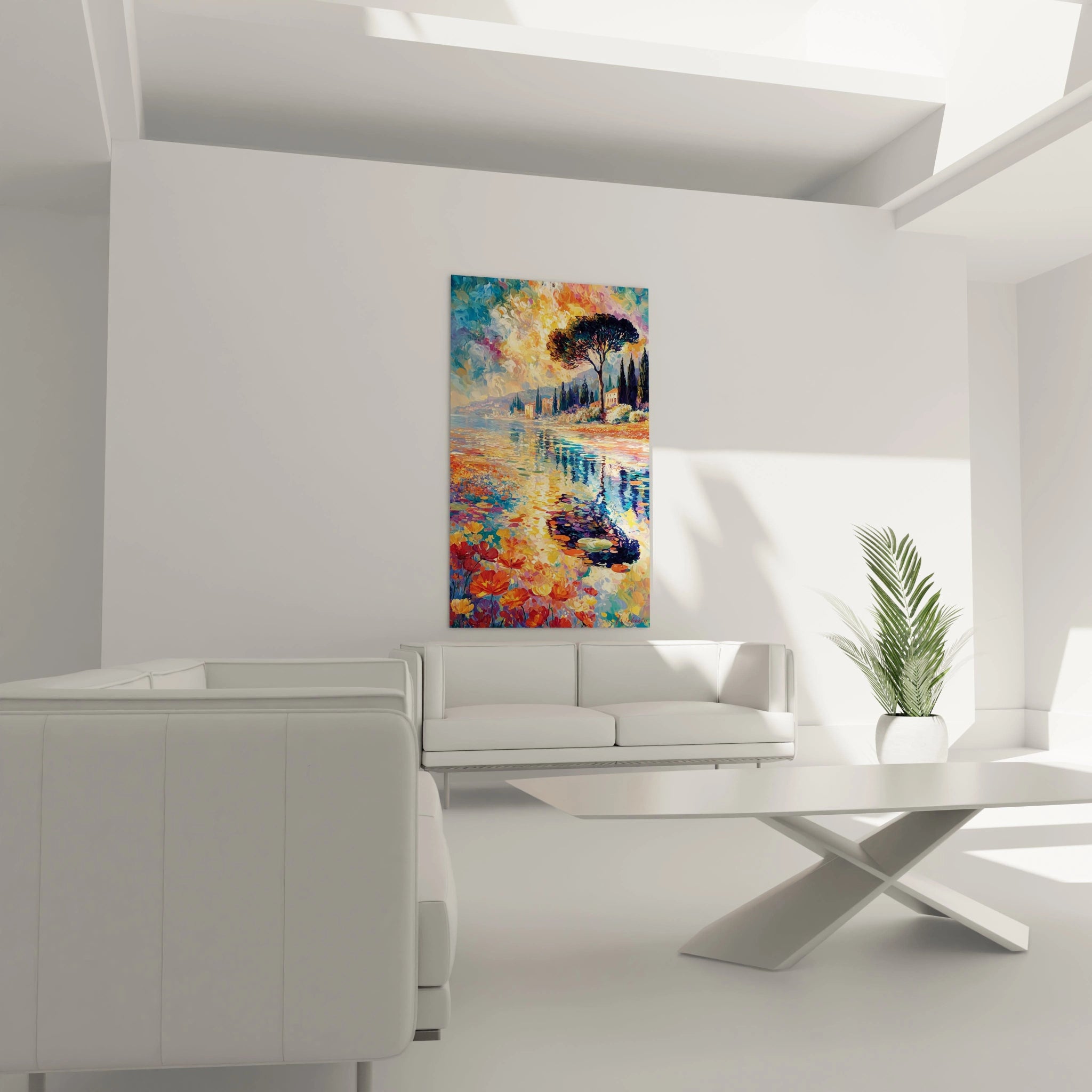 Tableau mural Walensky affiché dans salon blanc avec oeuvre rouge montrant soldat de dos, tableau paysage lacustre pointillisme