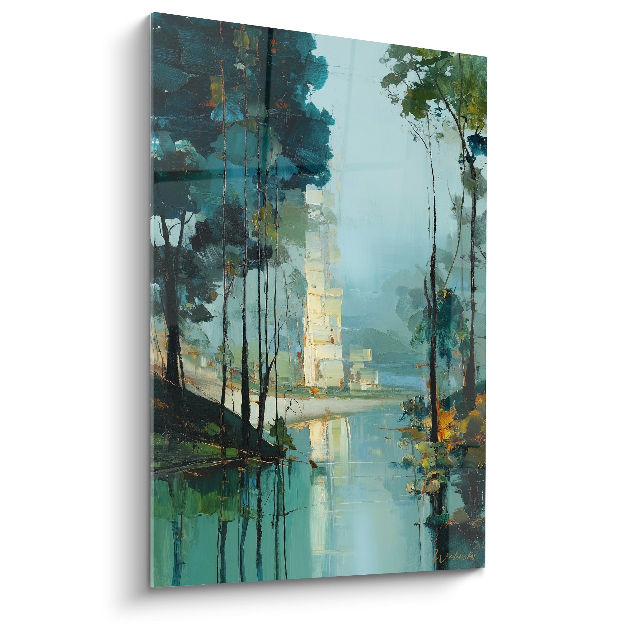 Tableau paysage lacustre aux reflets turquoise avec arbres et vegetation feng shui est bois