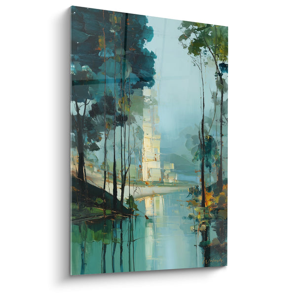 Gemälde Seenlandschaft in Türkis- und Smaragdtönen mit Lichtreflexen - Aquatische Serenität - Edition Feng Shui Ost Holz