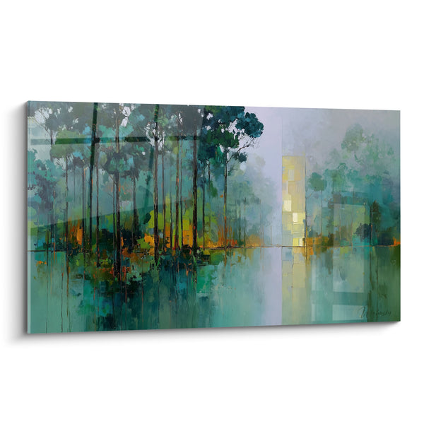 Tableau Paysage Lacustre aux Tons Turquoise et Verts - Reflets Forestiers - Edition Feng shui Est Bois