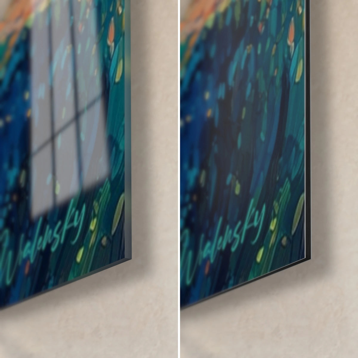 Tableau paysage pointilliste, coin bas droit : verre acrylique brillant aux reflets de fenêtre, alu Dibond mat, tranche de 3 mm, bleu nuit et vert