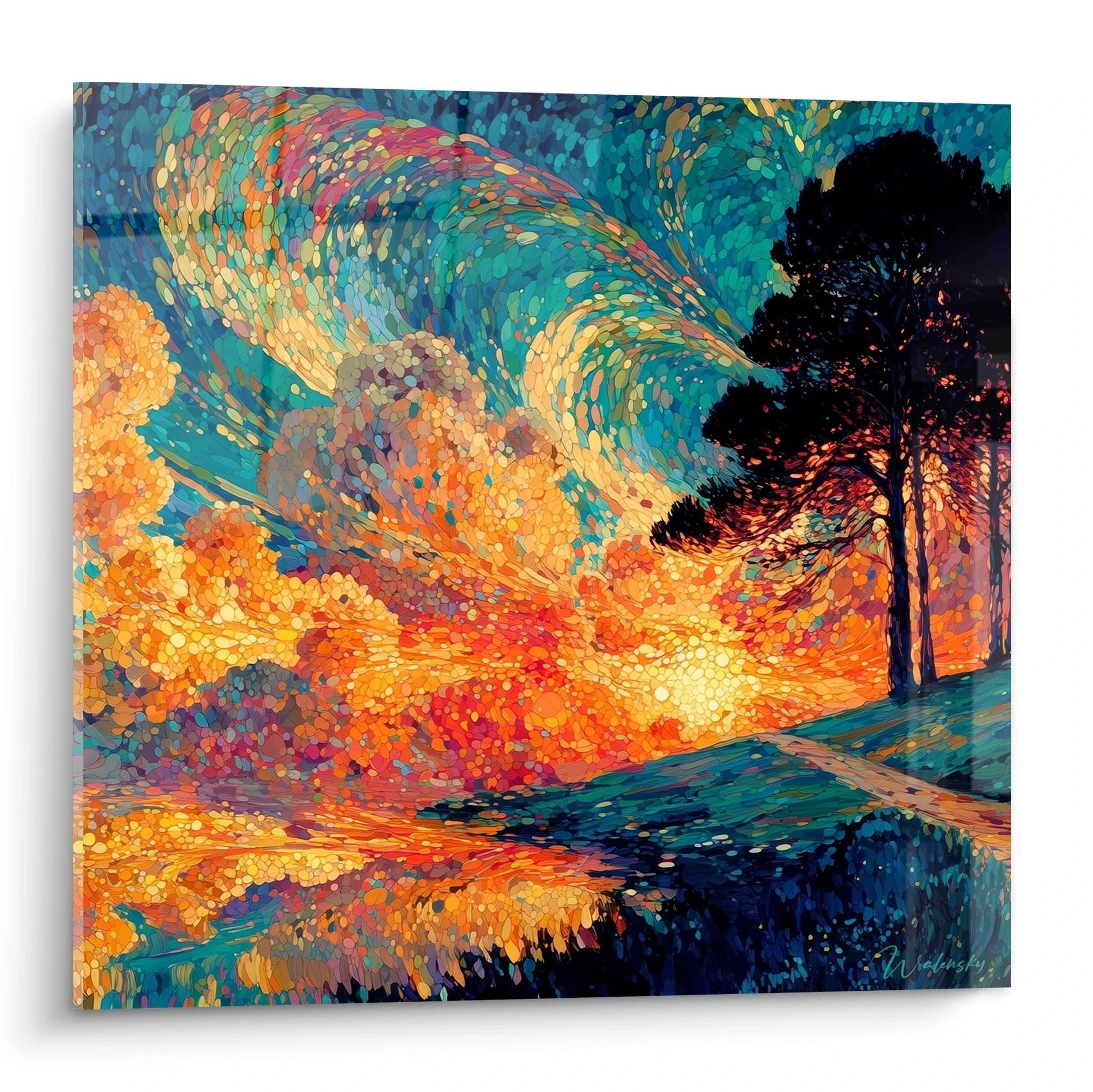 tableau pointillisme paysage Walensky représentant un coucher de soleil vivant, arbres en silhouette et reflet sur l'eau